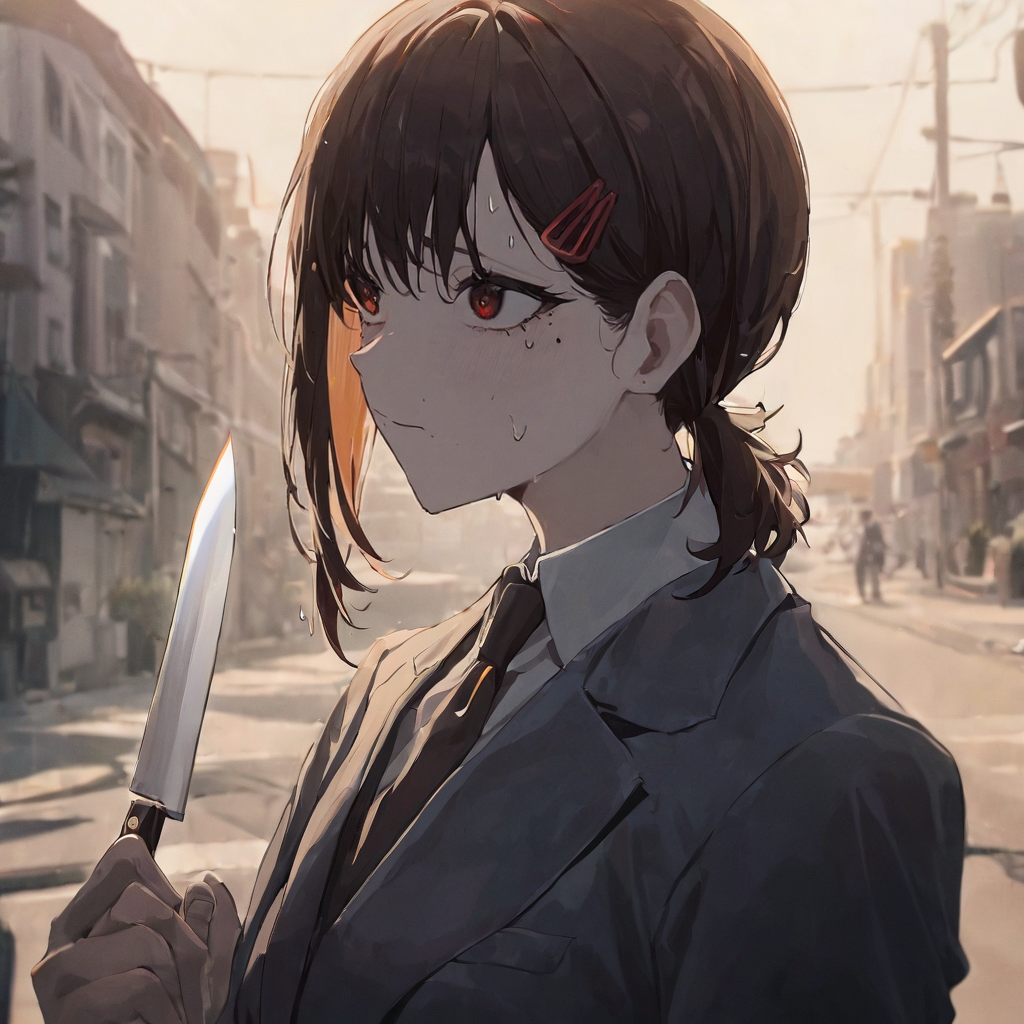 38564-3831495381-1girl, higashiyama kobeni, holding a knife on street, with a sweaty and stressed out face, suit, (masterpiece), cinematic, beaut.png